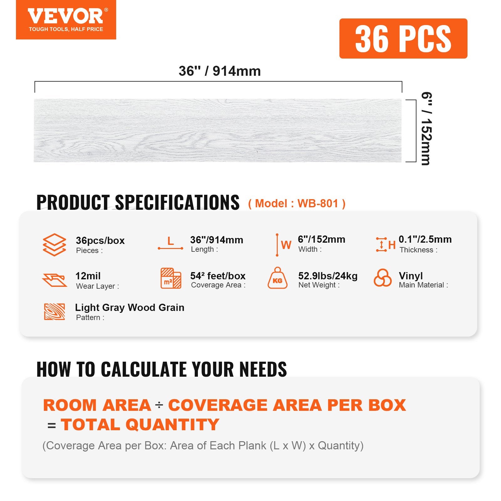 VEVOR Self Adhesive Vinyl Floor Tiles 36 x 6 inch, 36 Tiles 2.5mm Thick Peel & Stick, Light Gray Wood Grain DIY Flooring for Kitchen, Dining Room, Bedrooms & Bathrooms, Easy for Home Decor 7