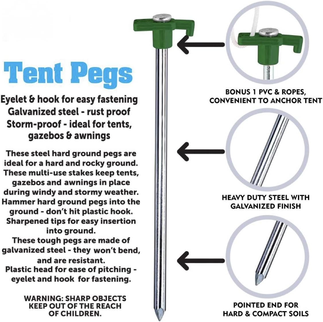 Heavy-Duty Storm Proof 10 Pack Galvanized Steel Rust Proof Tent Pegs 5