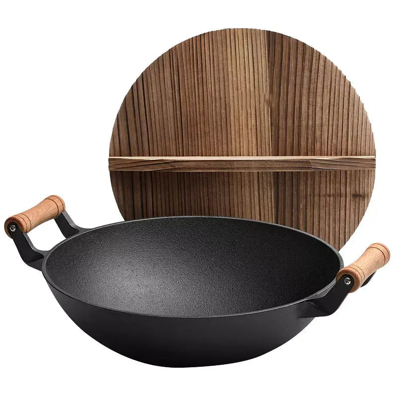 Large Cast Iron Stir Fry Wok – Durable Wooden Handle Cookware - 33CM 7