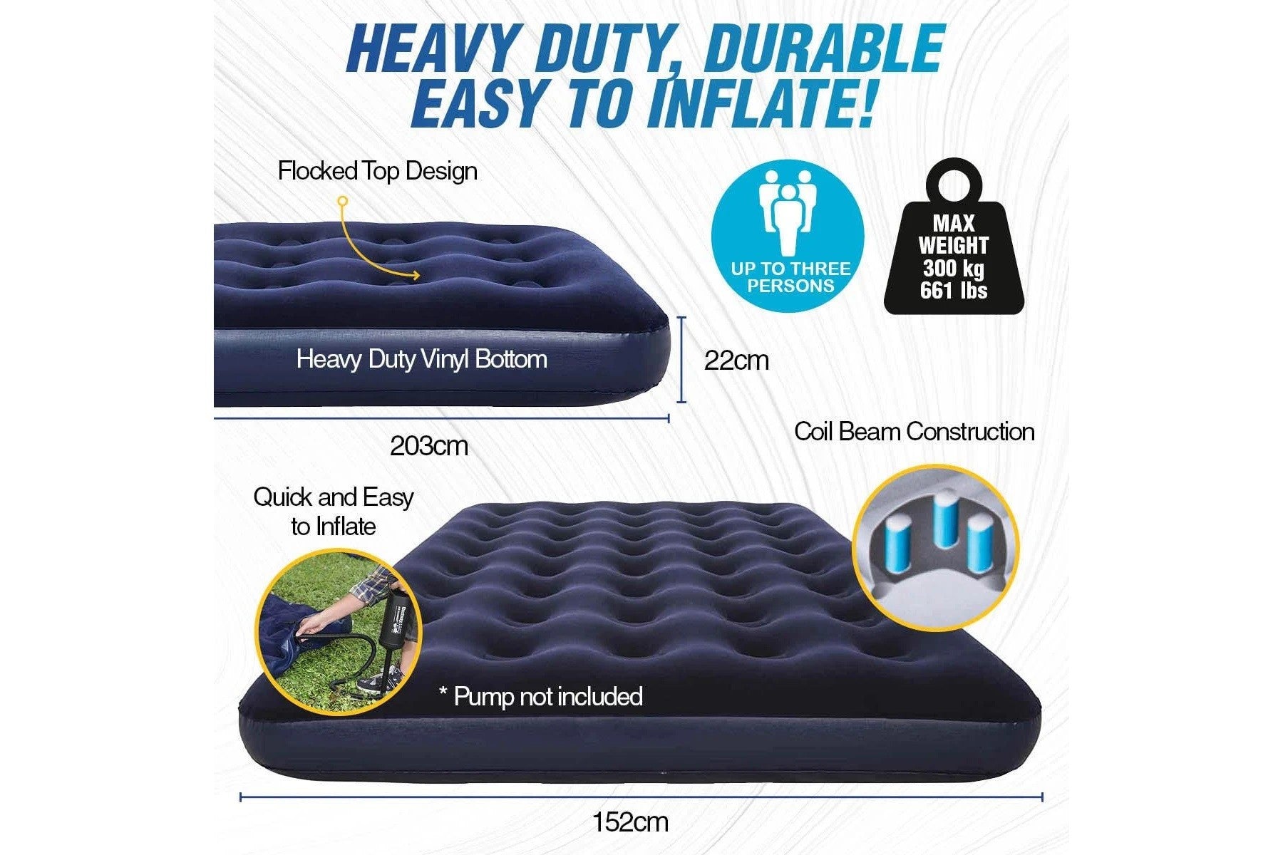 Bestway 2.03m x 1.52m x 22cm Air Mattress Queen Inflatable Air Bed Indoor/Outdoor Heavy Duty Durable Camping 3