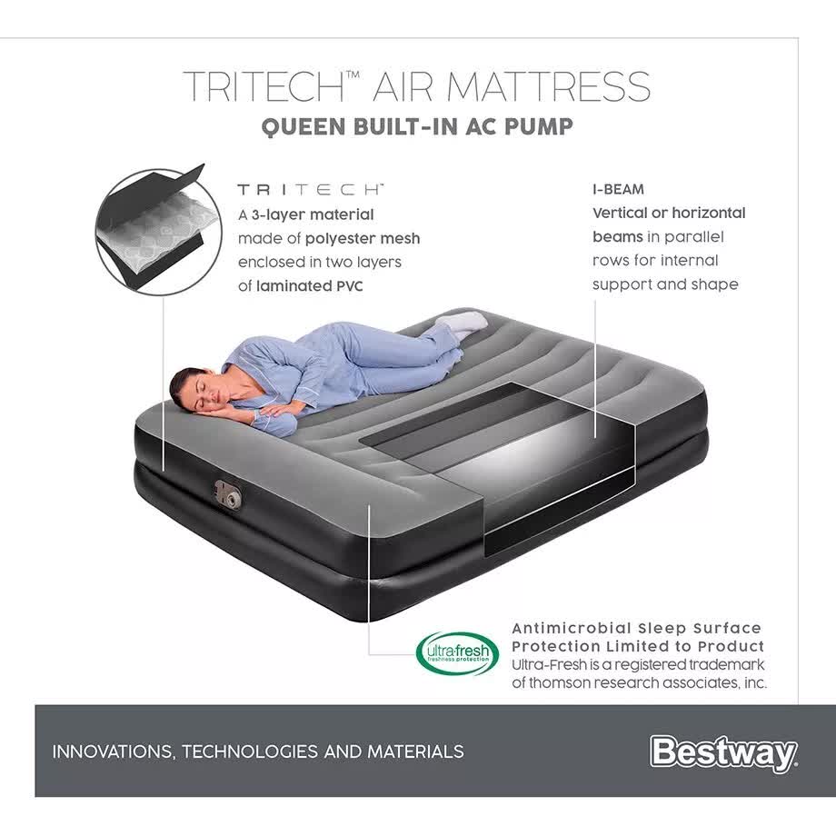 Bestway 2.03m x 1.52m x 46cm Tritech Air Mattress Queen Built-in AC pump 7