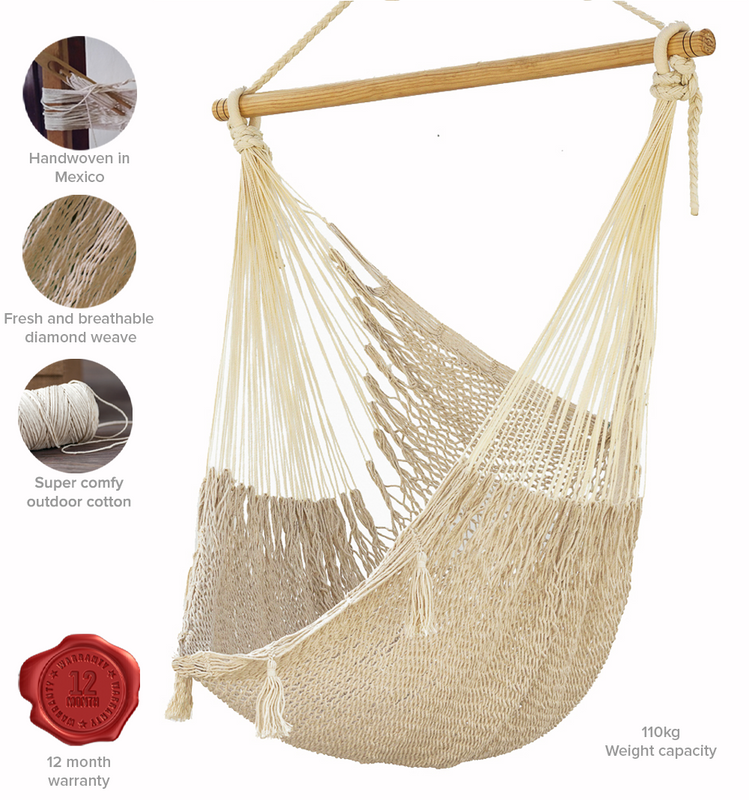 Mayan Legacy Extra Large Outdoor Cotton Mexican Hammock Chair in Cream Colour 7