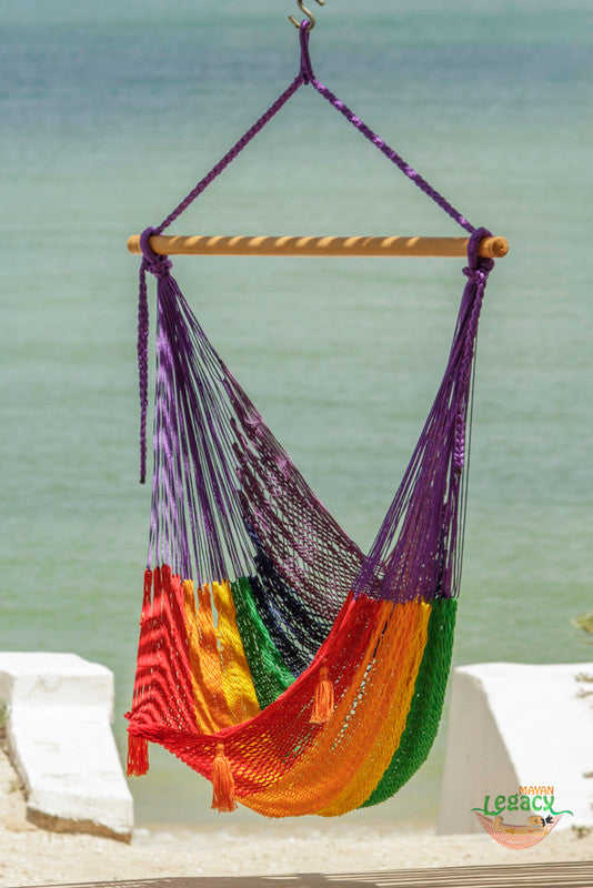 Mayan Legacy Extra Large Outdoor Cotton Mexican Hammock Chair in Rainbow Colour 3