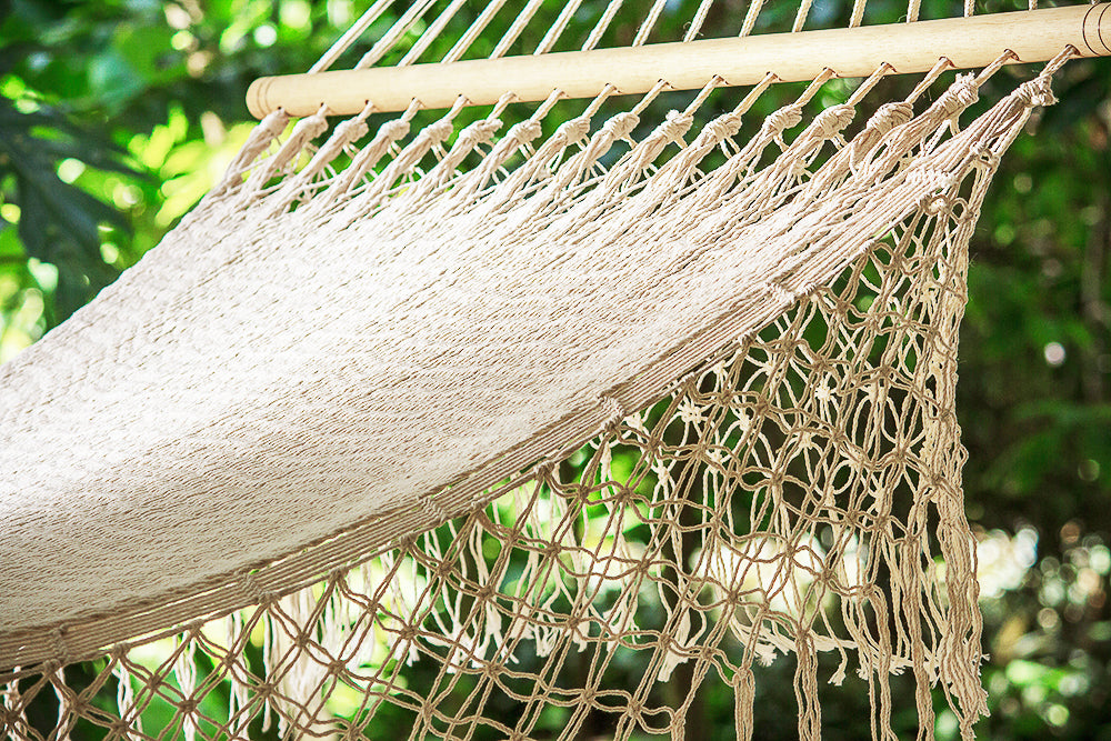 Mayan Legacy Queen Size Outdoor Cotton Mexican Resort Hammock With Fringe in Cream Colour 3