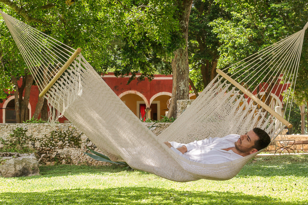 Mayan Legacy Queen Size Outdoor Cotton Mexican Resort Hammock With Fringe in Cream Colour 10