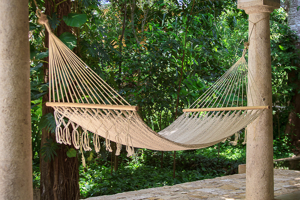 Mayan Legacy Queen Size Outdoor Cotton Mexican Resort Hammock With Fringe in Cream Colour 13