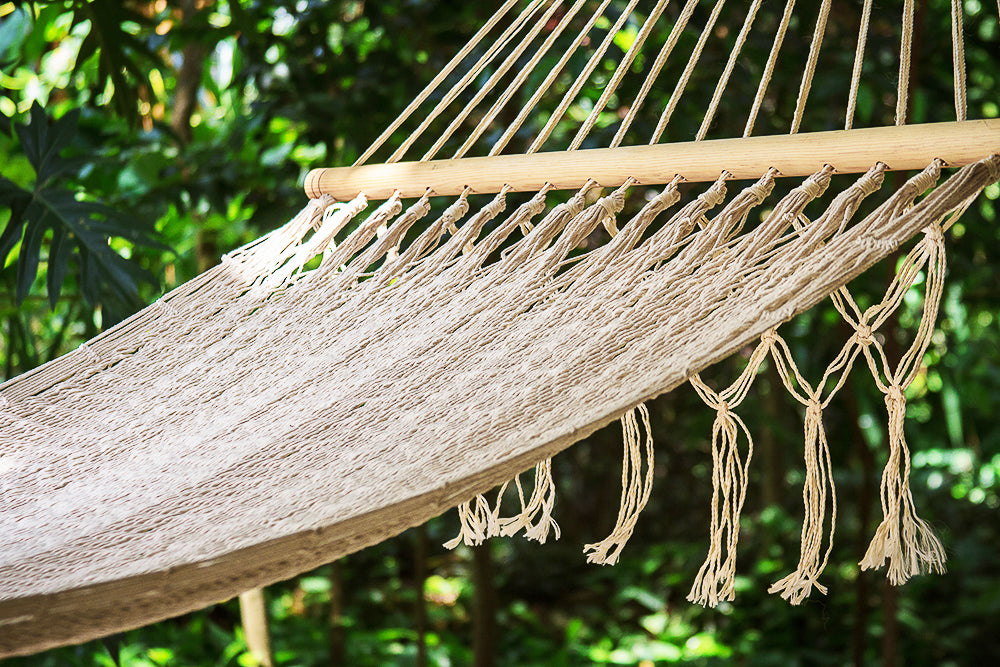 Mayan Legacy Queen Size Outdoor Cotton Mexican Resort Hammock With Fringe in Cream Colour 14