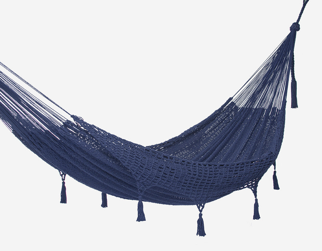 Outdoor undercover cotton Mayan Legacy hammock with hand crocheted tassels King Size Blue 3