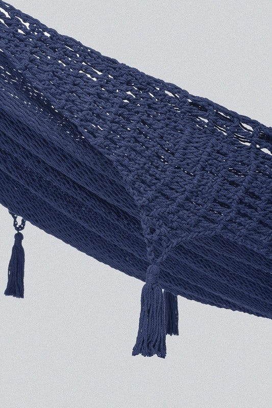 Outdoor undercover cotton Mayan Legacy hammock with hand crocheted tassels King Size Blue 4