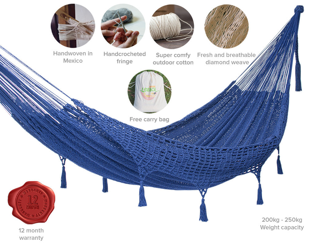 Outdoor undercover cotton Mayan Legacy hammock with hand crocheted tassels King Size Blue 8