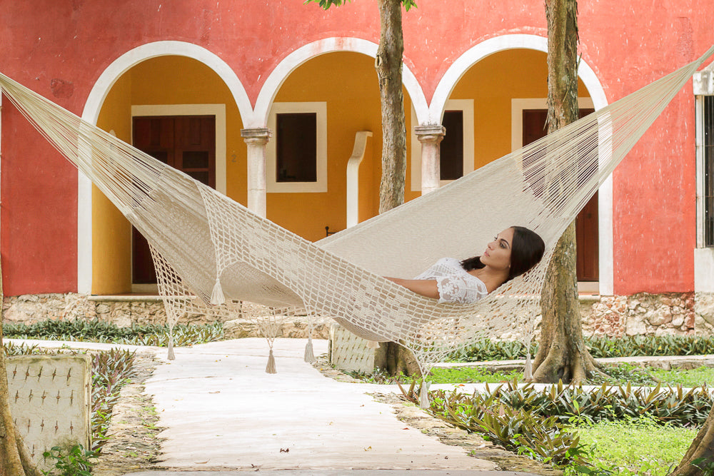 Outdoor undercover cotton Mayan Legacy hammock with hand crocheted tassels King Size Marble 9