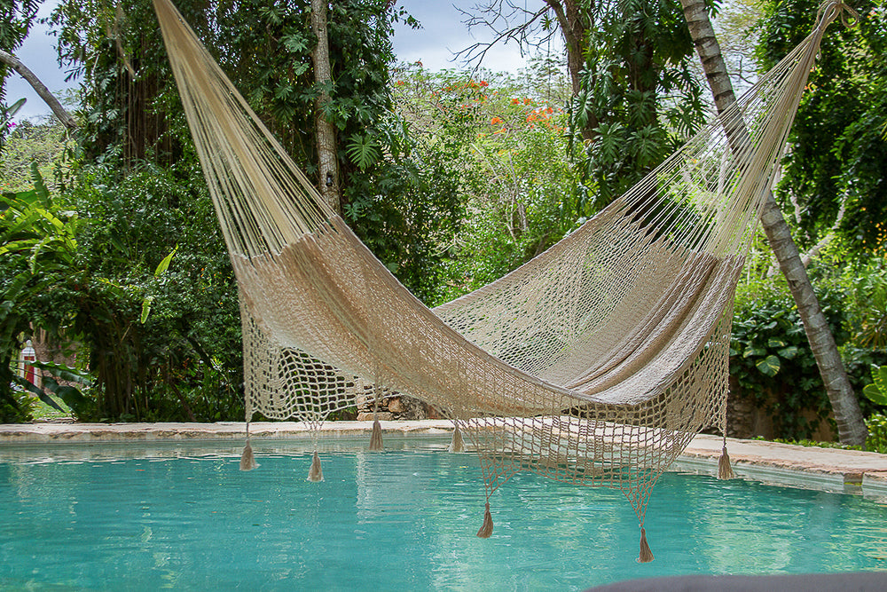 Outdoor undercover cotton Mayan Legacy hammock with hand crocheted tassels King Size Marble 15