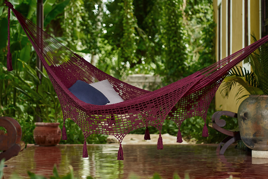 Outdoor undercover cotton Mayan Legacy hammock with hand crocheted tassels King Size Maroon 3