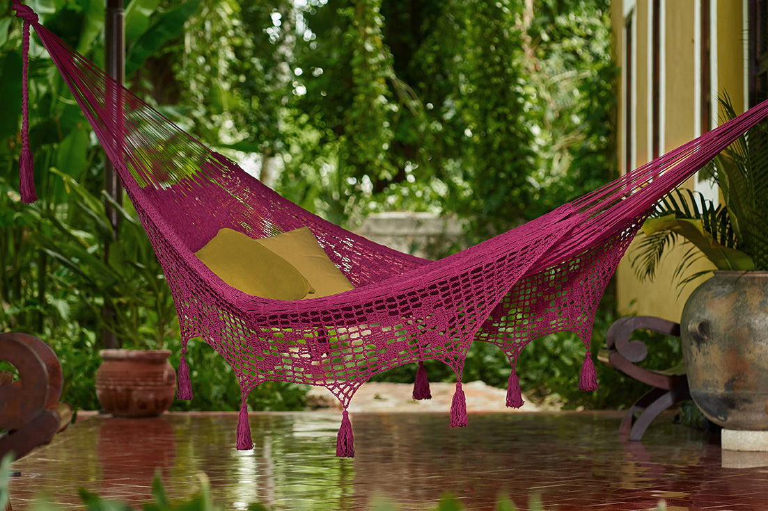 Outdoor undercover cotton Mayan Legacy hammock with hand crocheted tassels King Size Mexican Pink 3