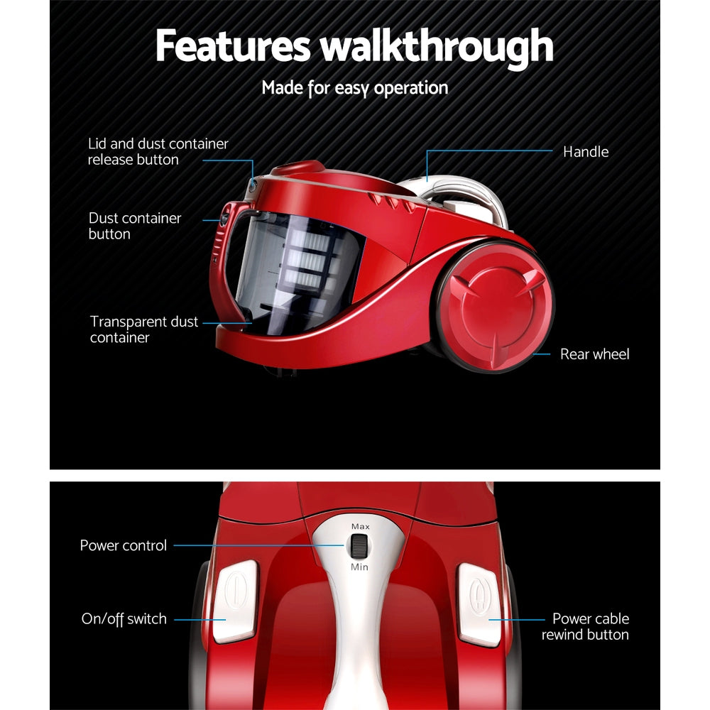 Devanti 2200W Bagless Vacuum Cleaner Red 4