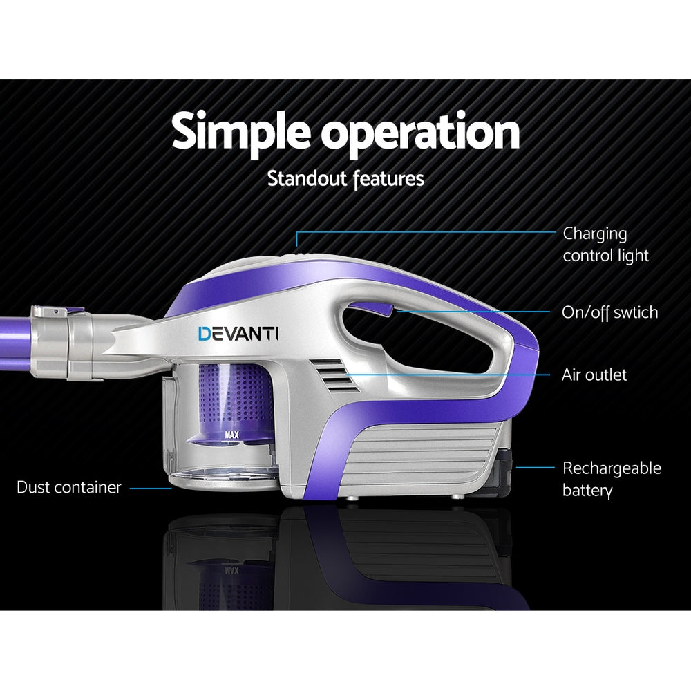 Devanti Stick Vacuum Cleaner Bagless Cordless 150W Purple 4
