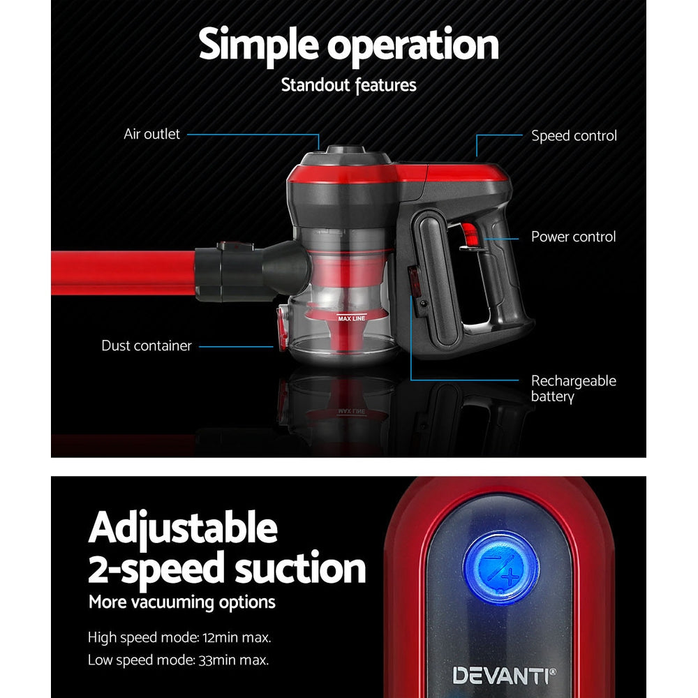 Devanti Stick Vacuum Cleaner Brushless Cordless 250W Red 4