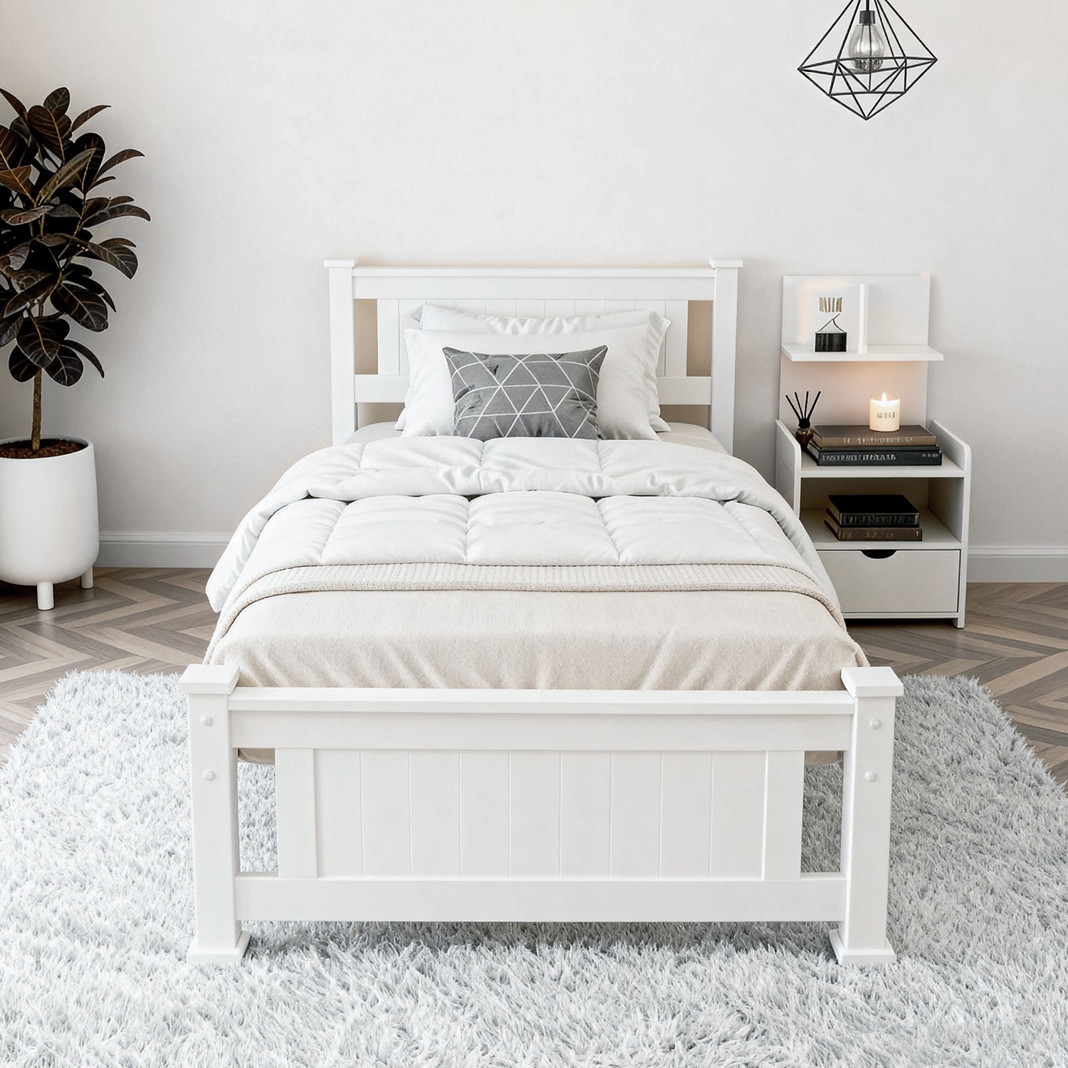 Artiss King Single Bed Frame and Bedside Table White 3