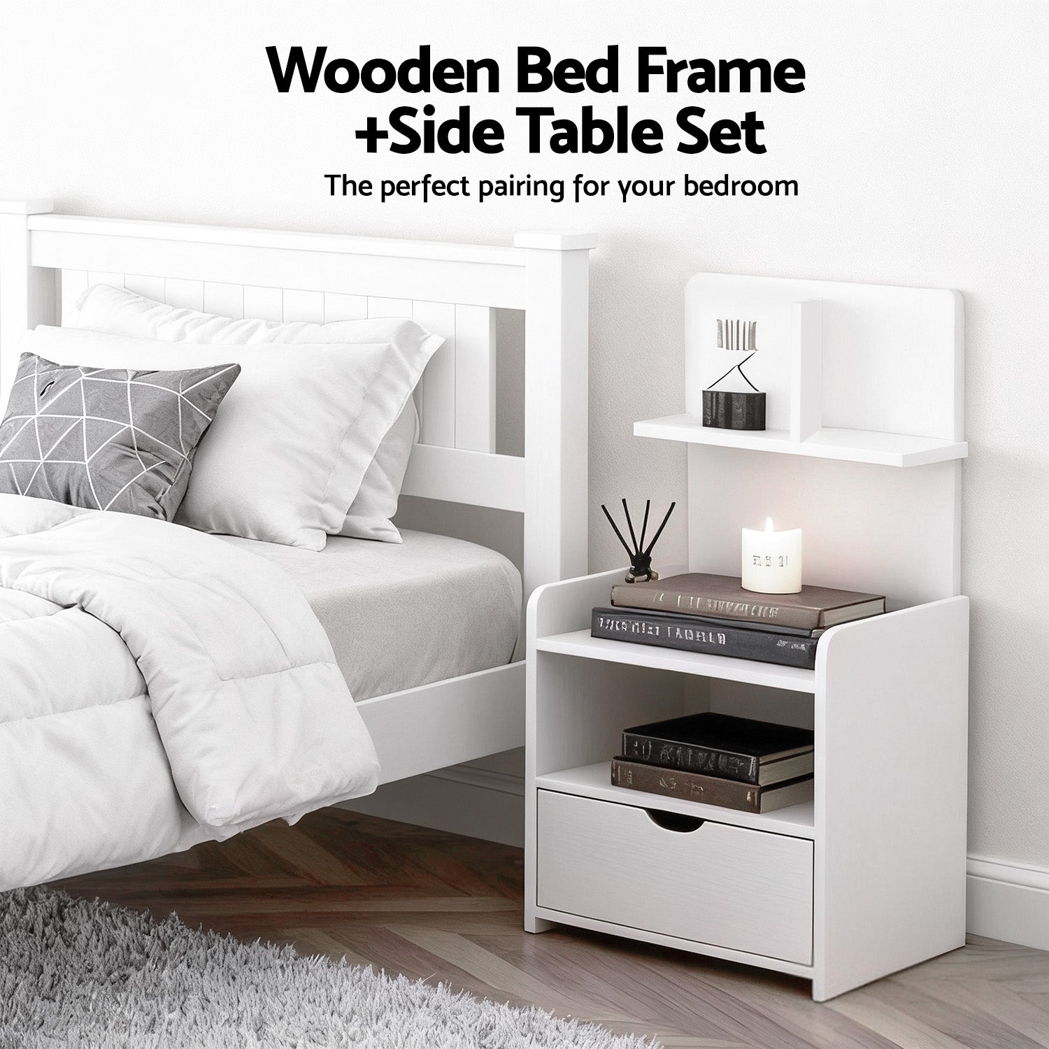 Artiss King Single Bed Frame and Bedside Table White 5