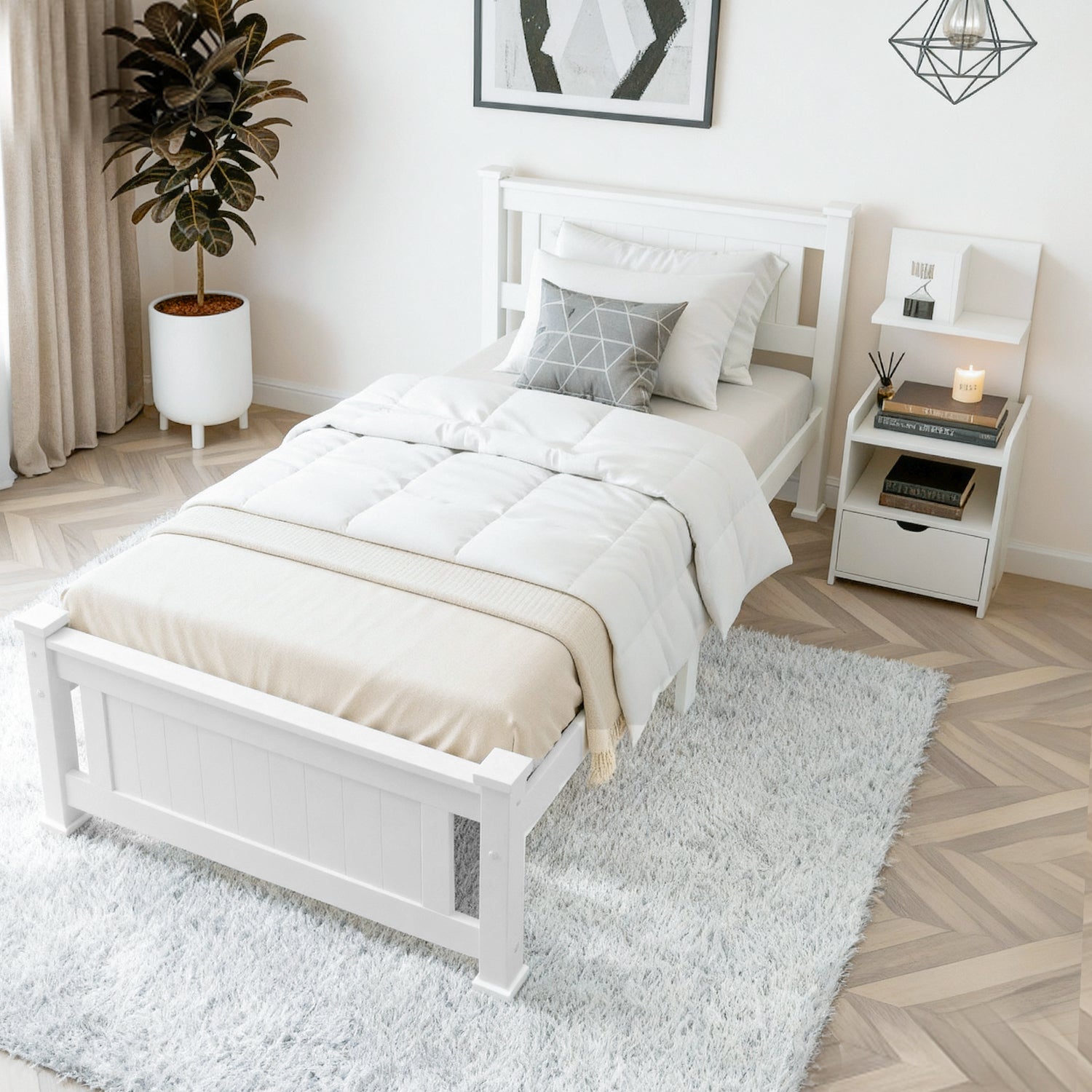 Artiss King Single Bed Frame and Bedside Table White 7