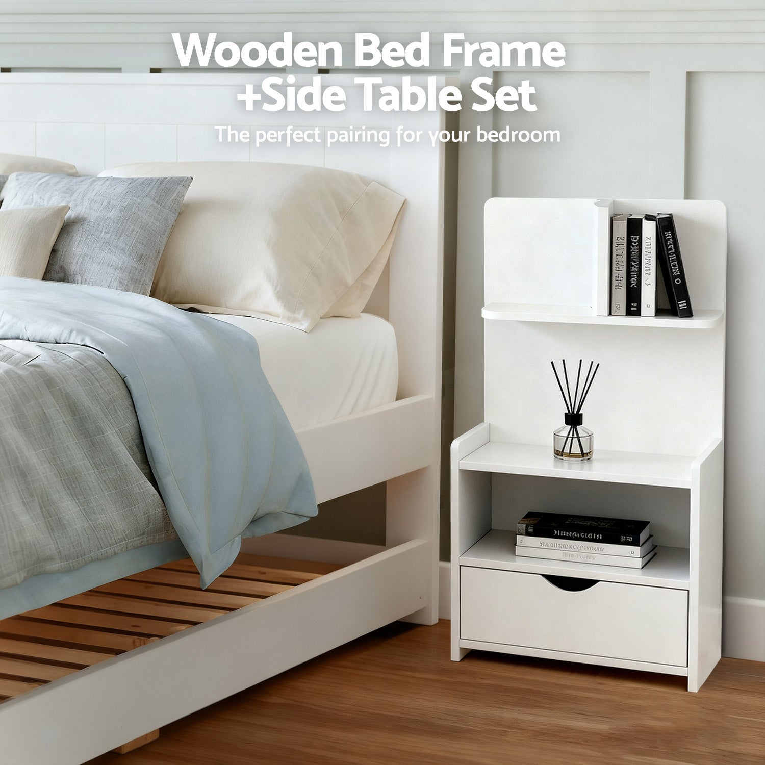 Artiss King Single Bed Frame and Bedside Table White 6