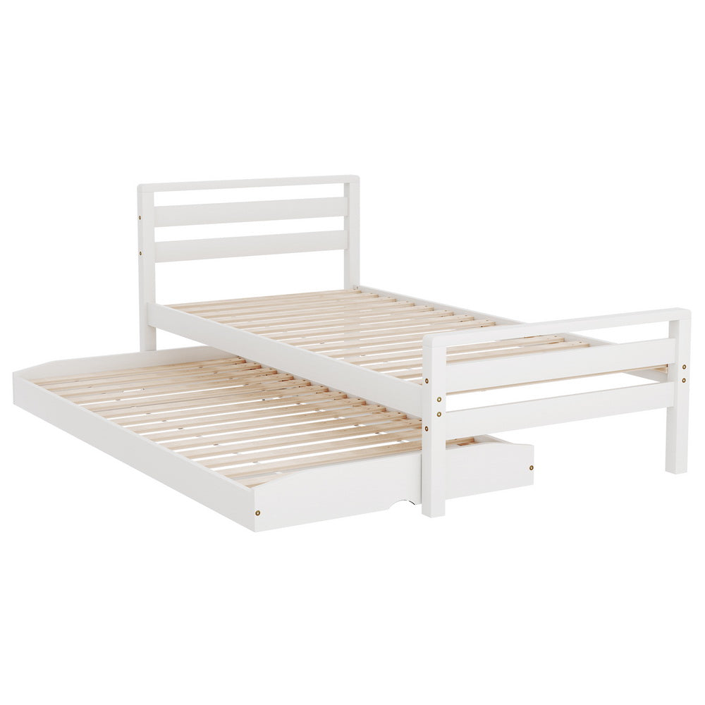 Artiss Bed Frame Single Size 2-in-1 Trundle Wooden White AVIS 7
