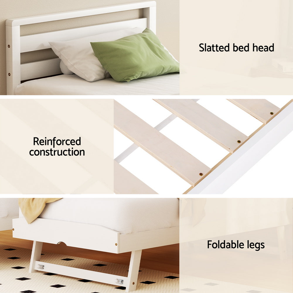 Artiss Bed Frame Single Size 2-in-1 Trundle Wooden White AVIS 6