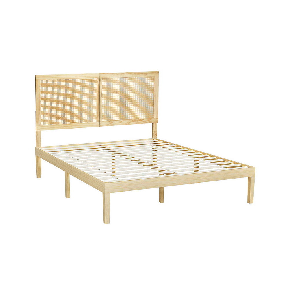 Artiss Bed Frame Double Size with Rattan Headboard Wooden Bed Base BRUNO