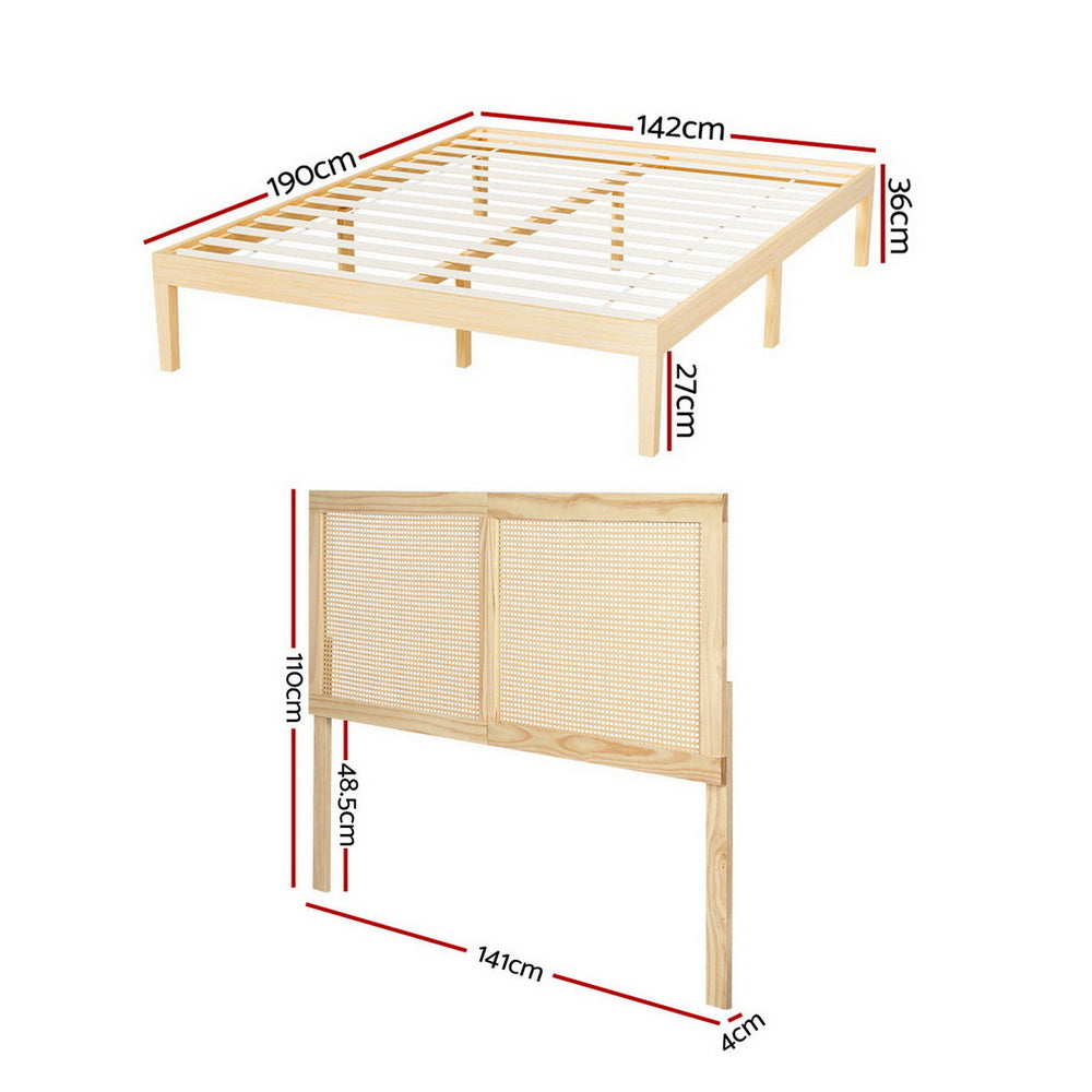 Artiss Bed Frame Double Size with Rattan Headboard Wooden Bed Base BRUNO 3