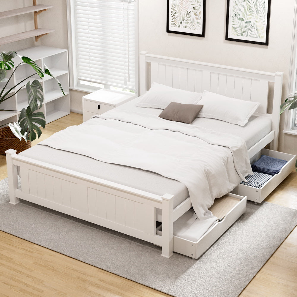 Artiss Bed Frame Double Size Wooden Platform with 2 Storage Drawers White RIO 7