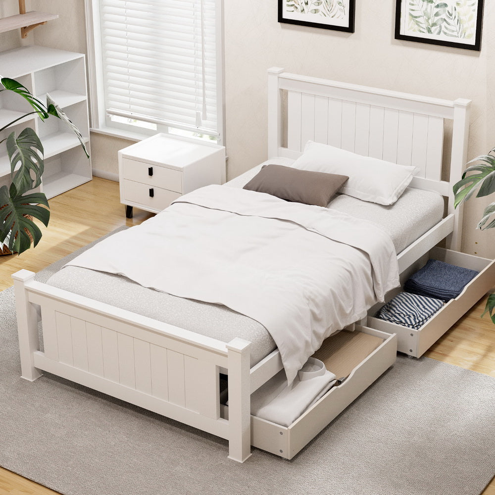 Artiss Bed Frame King Single Size Wooden Platform with 2 Storage Drawers White RIO 7