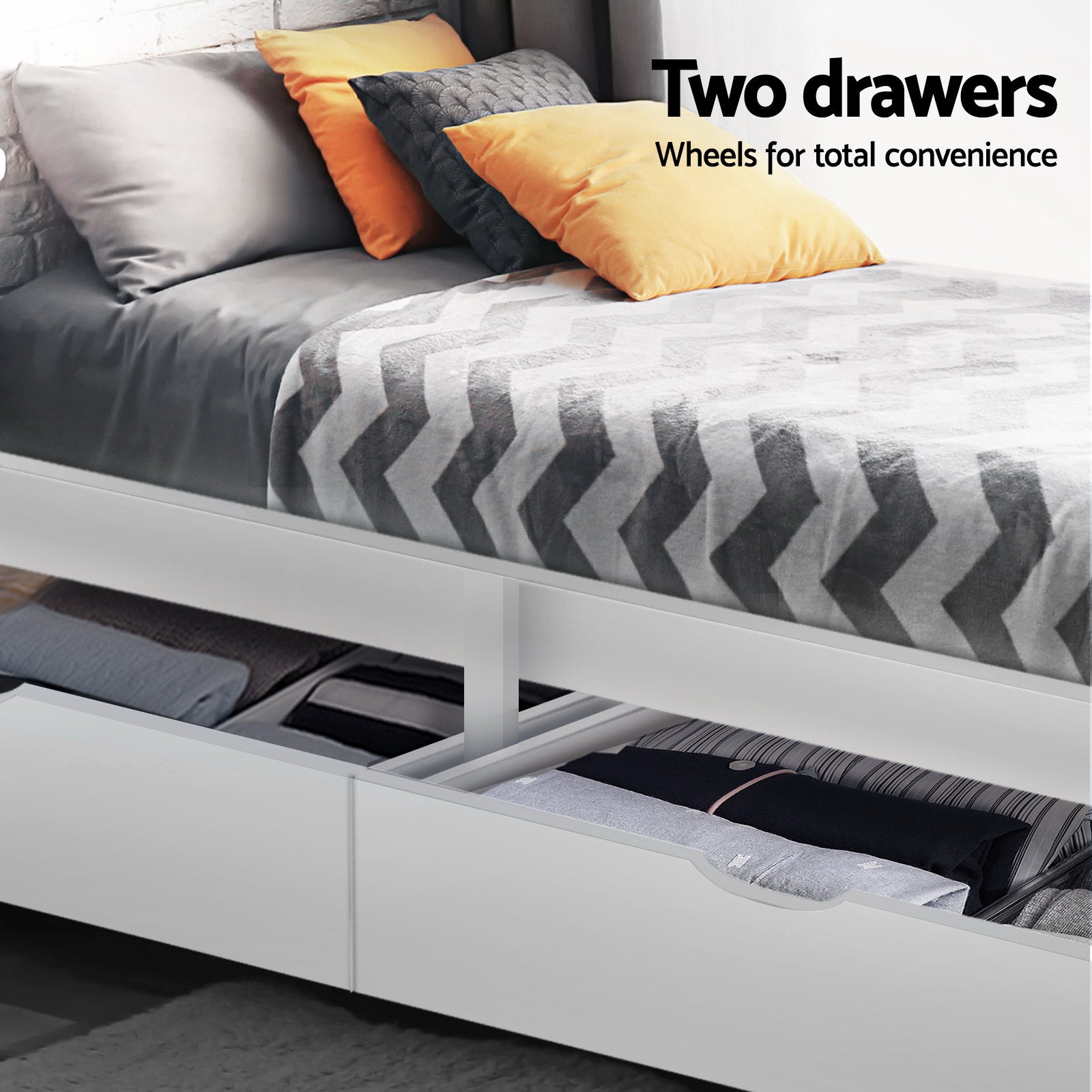 Artiss Bed Frame Single Size Wooden with 2 Drawers White RIO 4