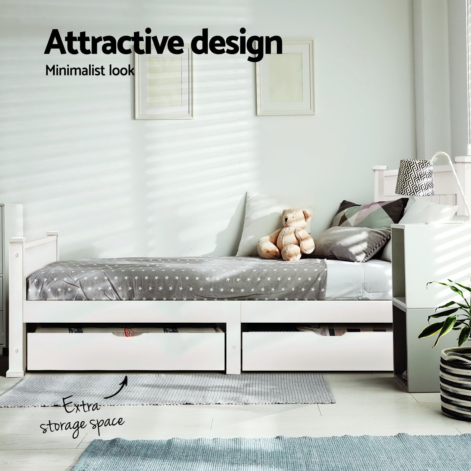 Artiss Bed Frame Single Size Wooden with 2 Drawers White RIO 5