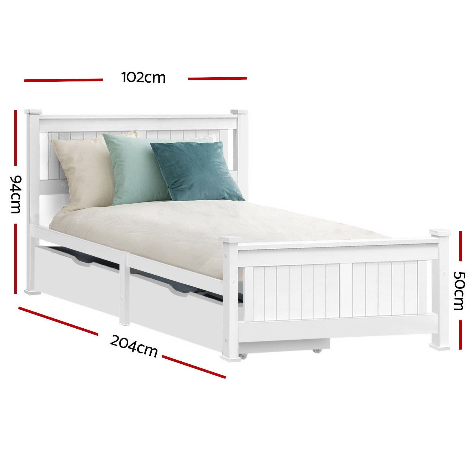 Artiss Bed Frame Single Size Wooden with 2 Drawers White RIO 7