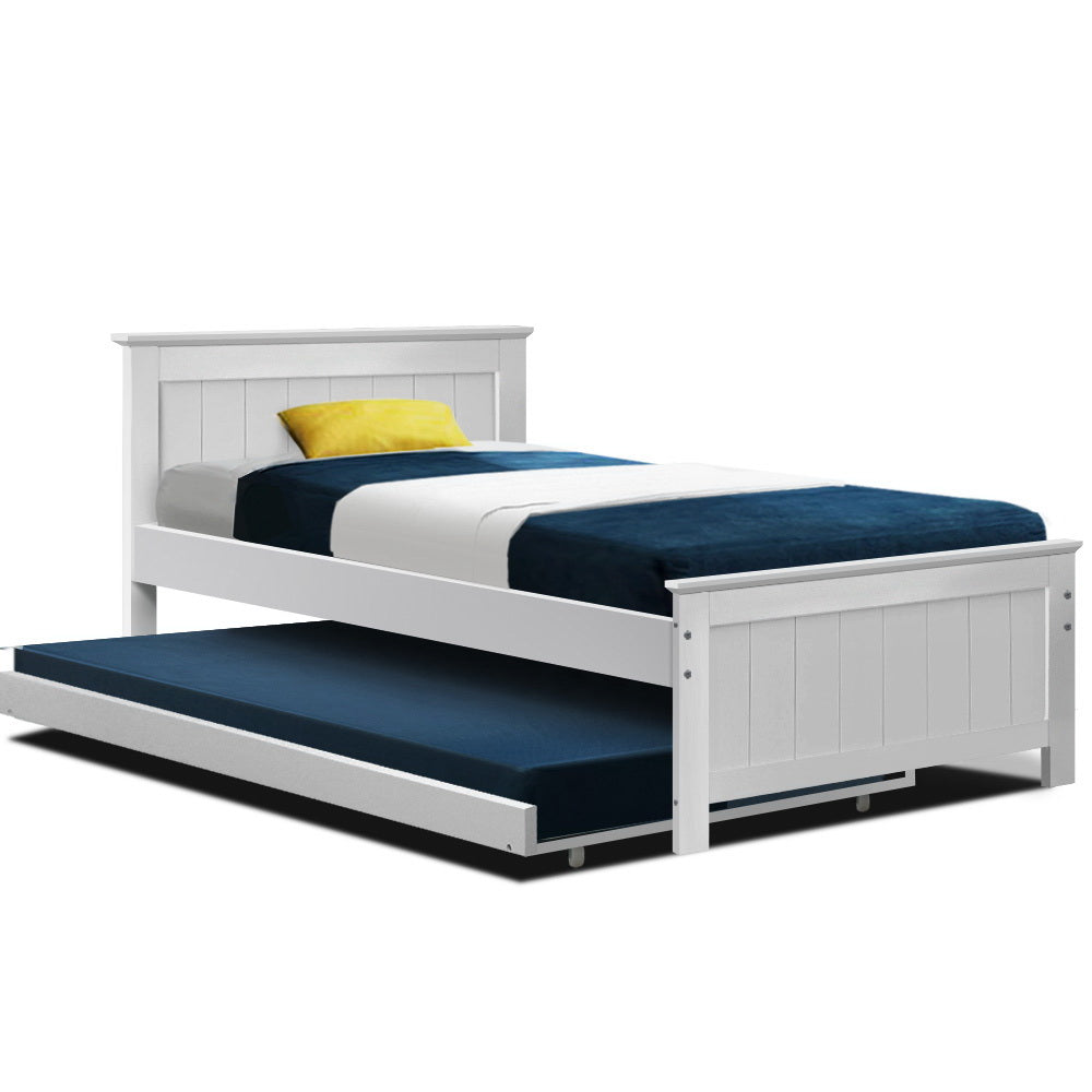 Artiss Bed Frame King Single Size Wooden Trundle Daybed White ELVIS 8