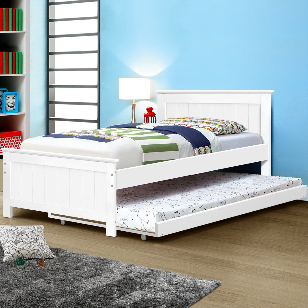 Artiss Bed Frame King Single Size Wooden Trundle Daybed White ELVIS 7