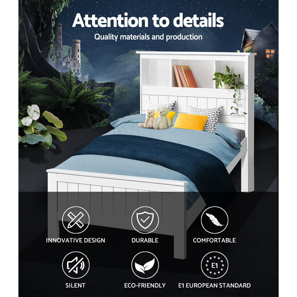 Artiss Bed Frame King Single Size Wooden with 3 Shelves Bed Head White 3