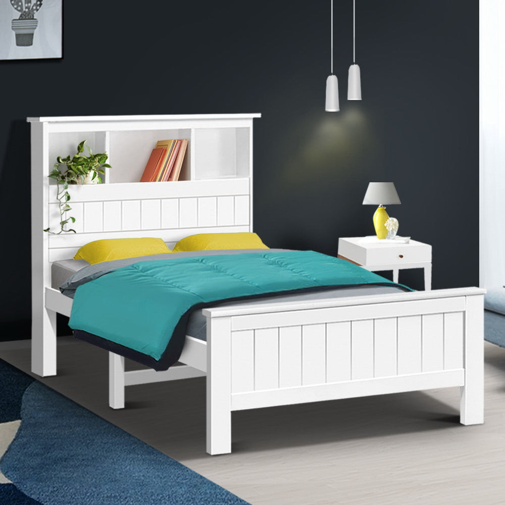 Artiss Bed Frame King Single Size Wooden with 3 Shelves Bed Head White 7