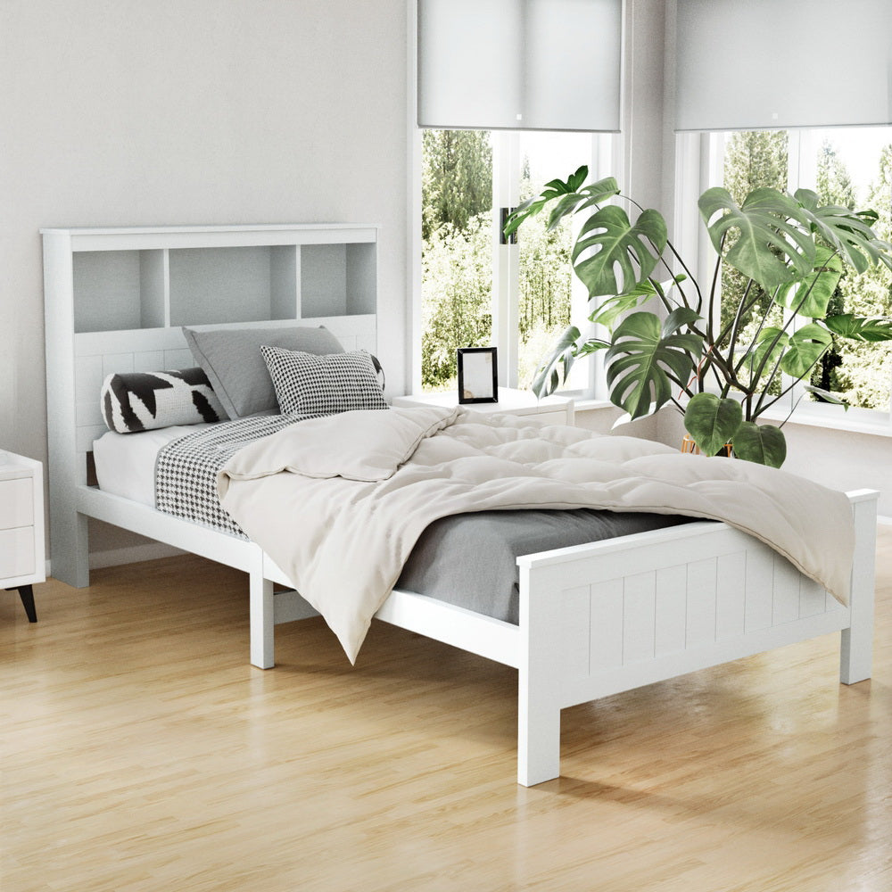 Artiss Bed Frame King Single Size Wooden with 3 Shelves Bed Head White 8