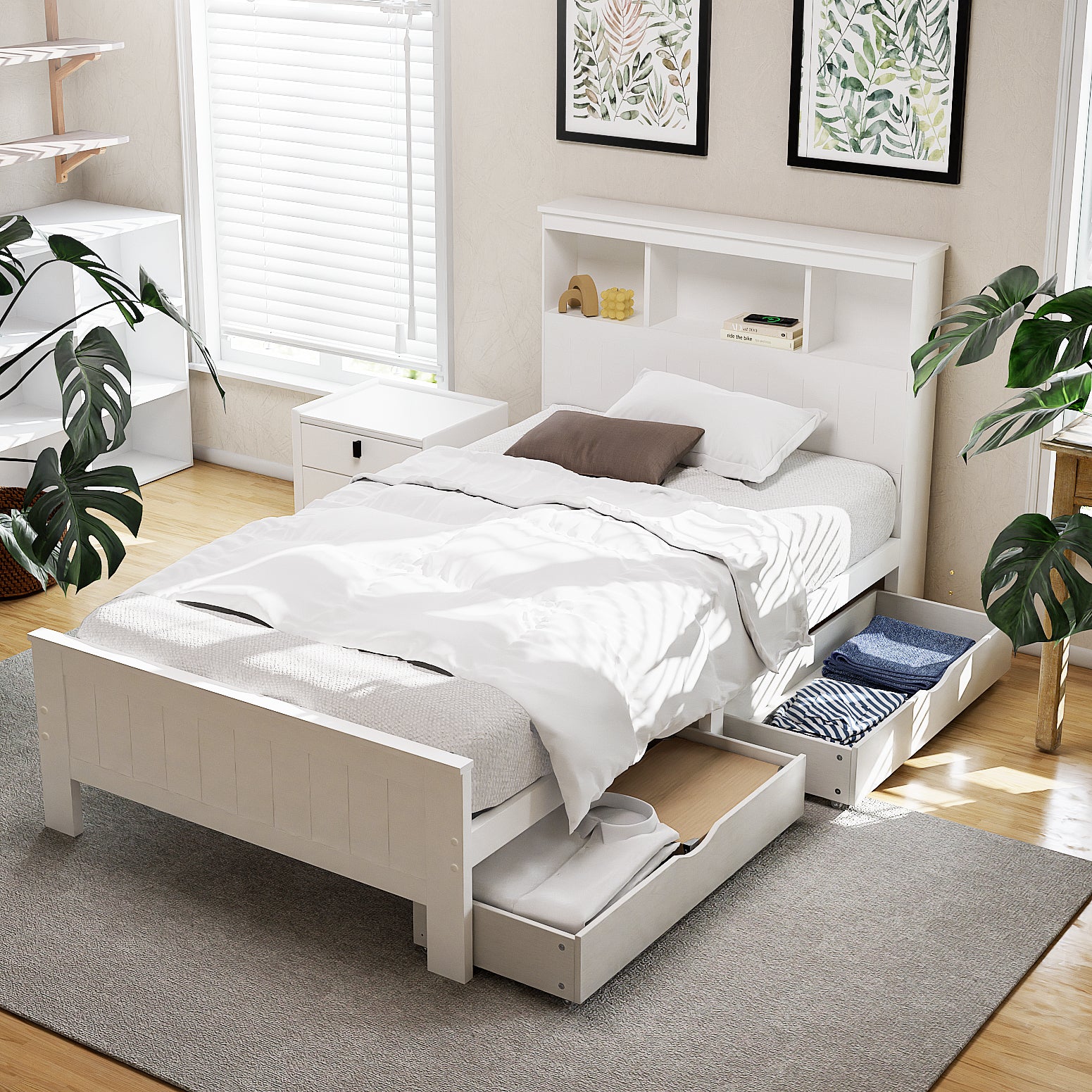 Artiss Bed Frame King Single Size Wooden with 2 Storage Drawers White 7