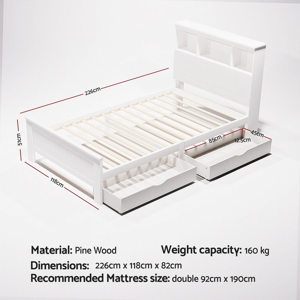 Artiss Bed Frame King Single Size Wooden with 2 Storage Drawers White 3