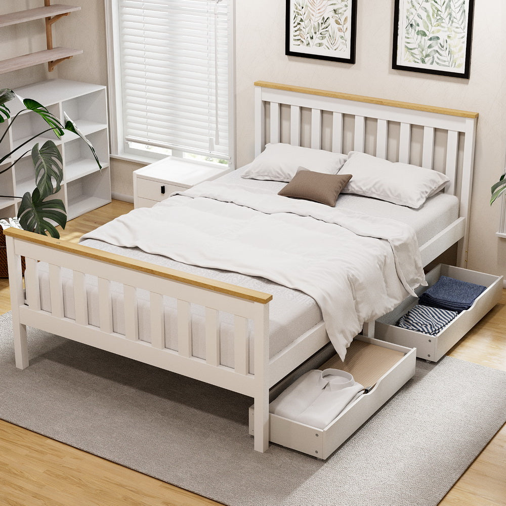 Artiss Bed Frame Double Size Wooden Platform with 2 Storage Drawers White PONY 7