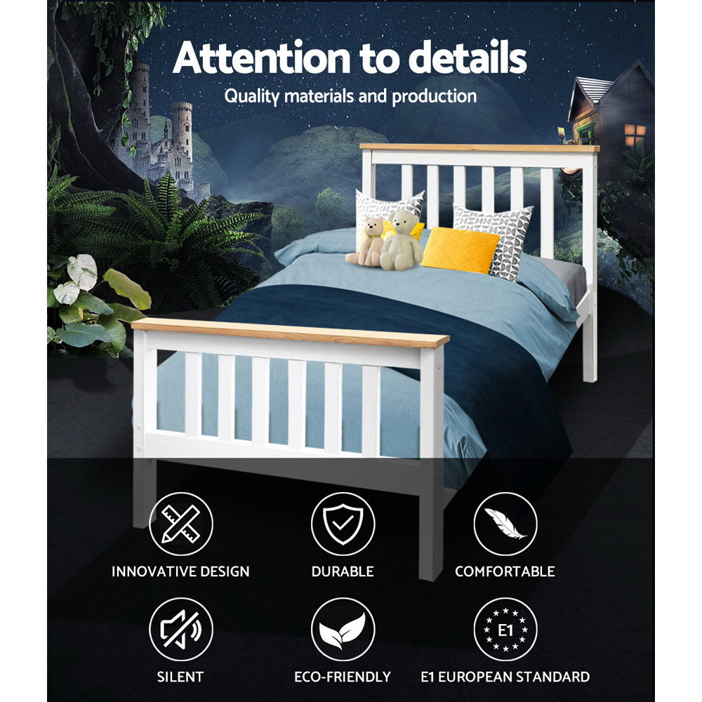 Artiss Bed Frame Single Size Wooden White PONY 3