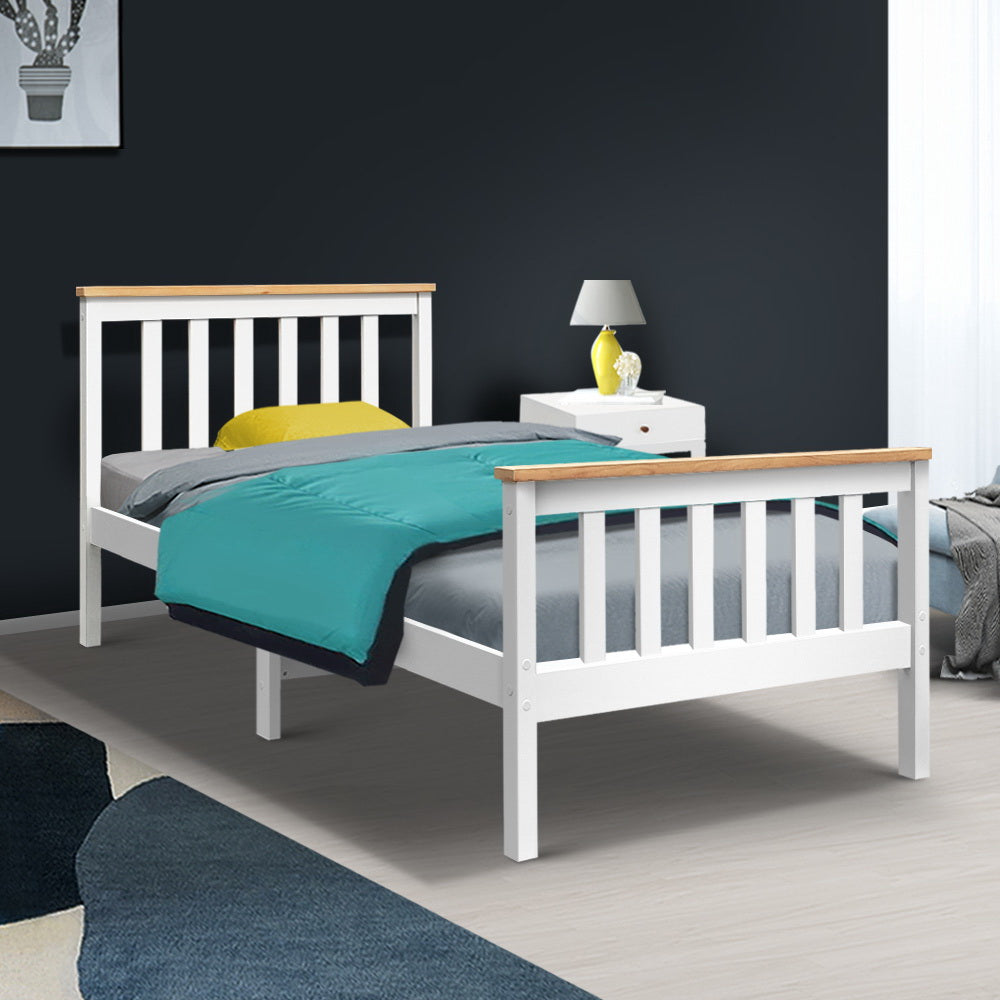 Artiss Bed Frame Single Size Wooden White PONY 7