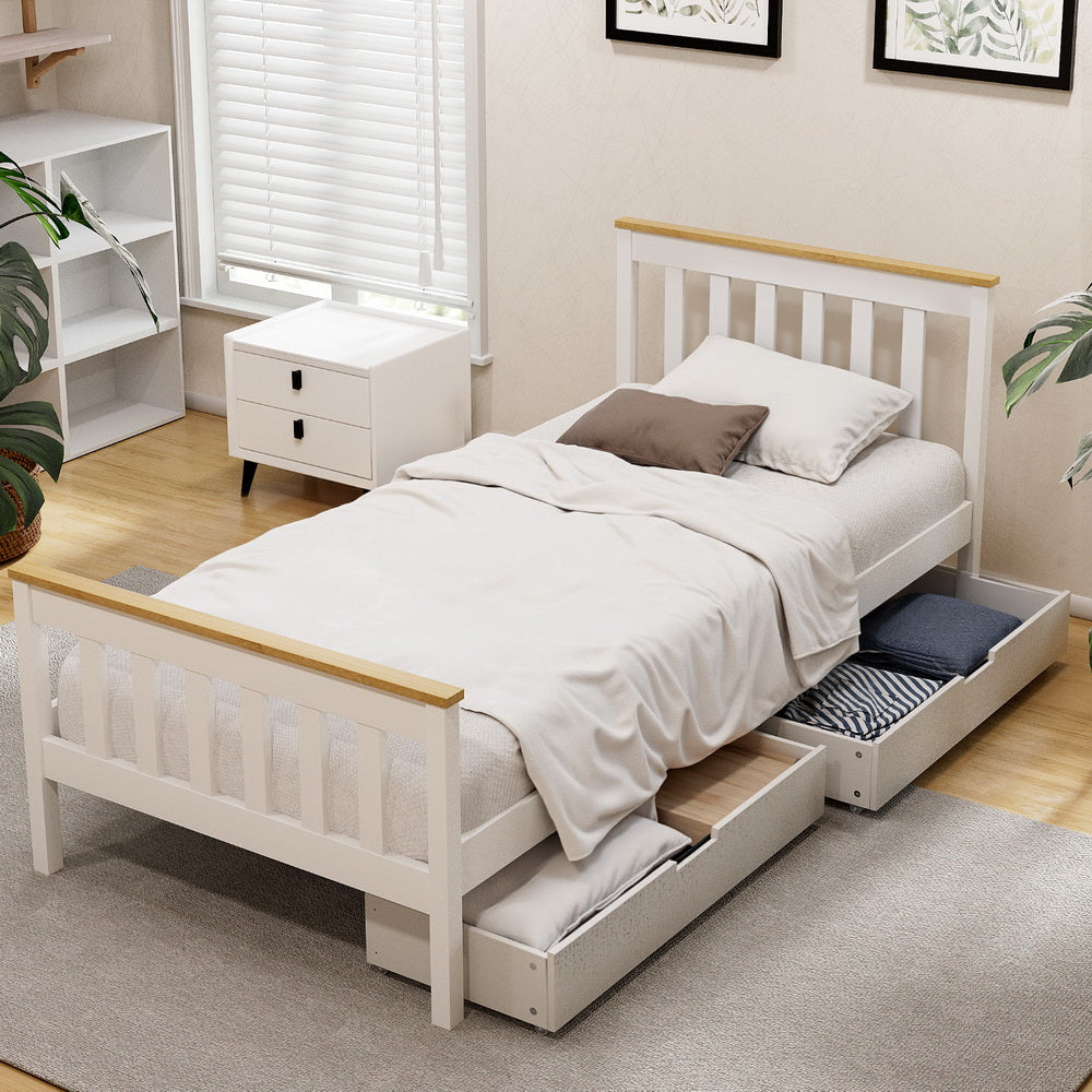 Artiss Bed Frame Single Size Wooden Platform with 2 Storage Drawers White PONY 7