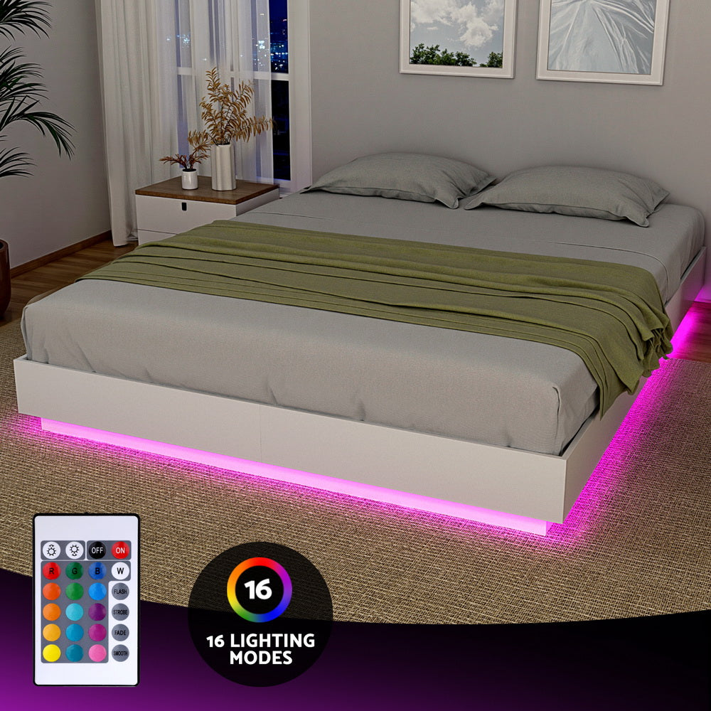 Artiss Queen Bed Frame with 16Colour Led Light Wooden Platform Bed Base DAYGLOW 4
