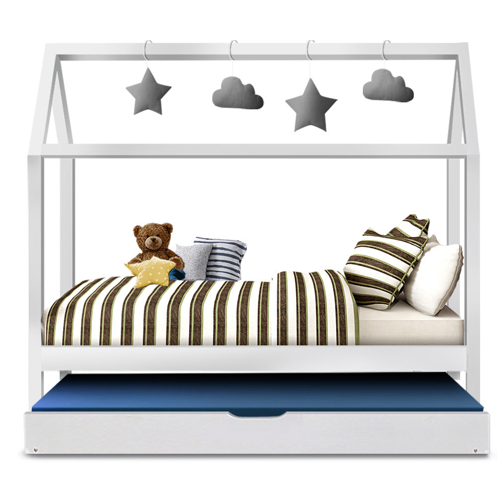 Artiss Bed Frame Wooden Trundle Daybed Kids House Frame White HOLY 3