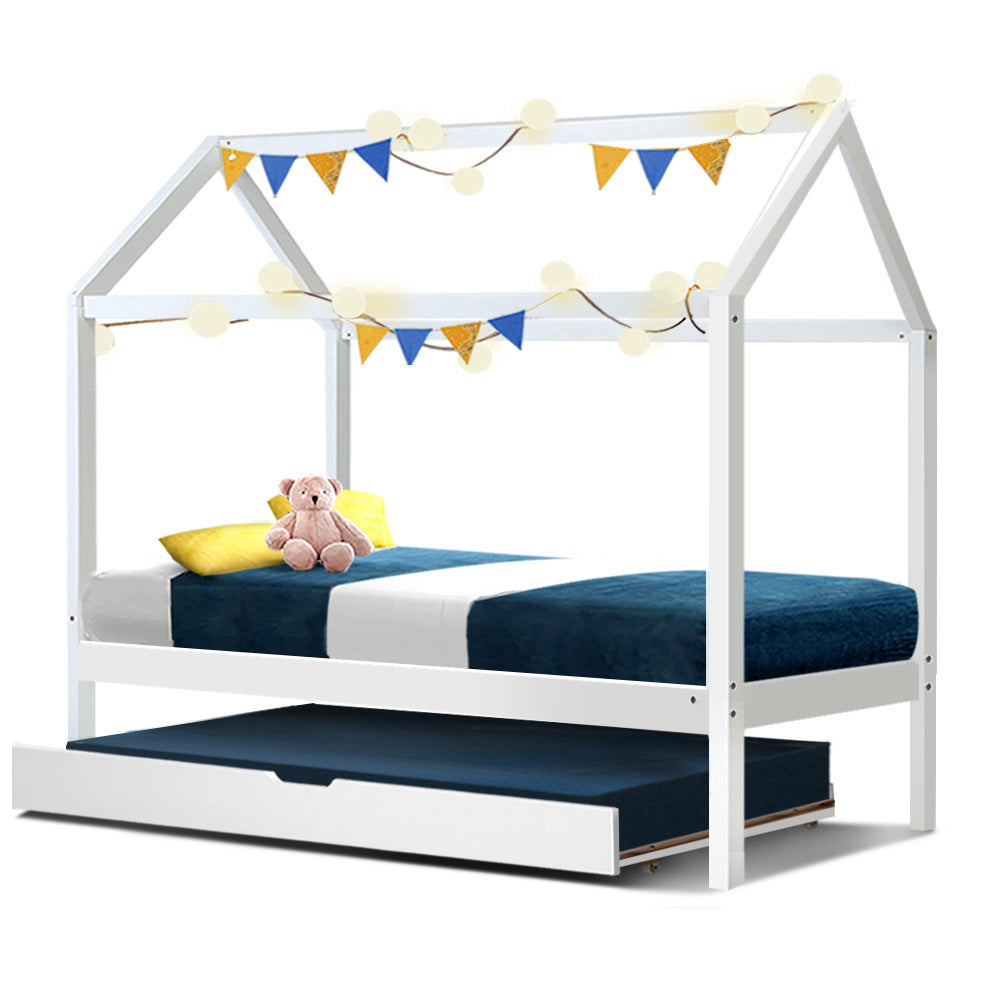 Artiss Bed Frame Wooden Trundle Daybed Kids House Frame White HOLY 6