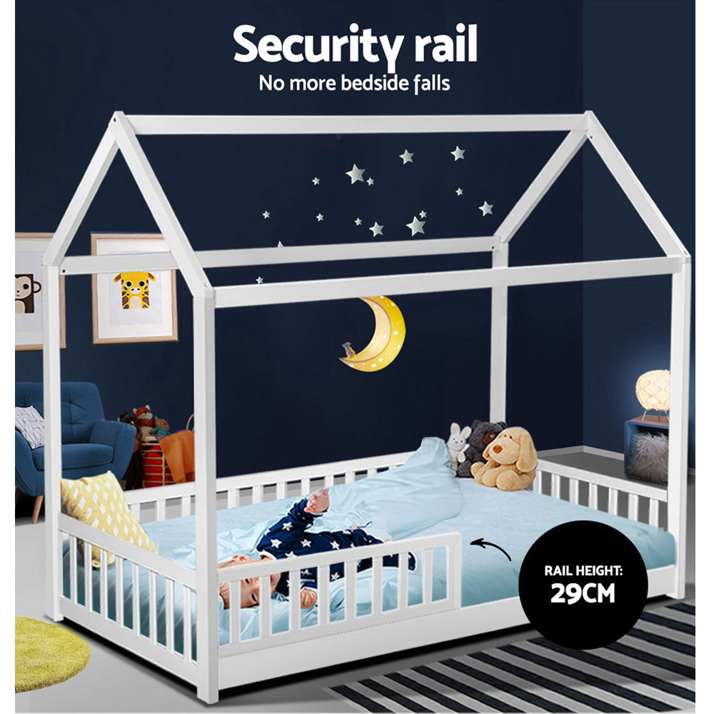 Artiss Bed Frame Wooden Kids House Frame White ROCK 6
