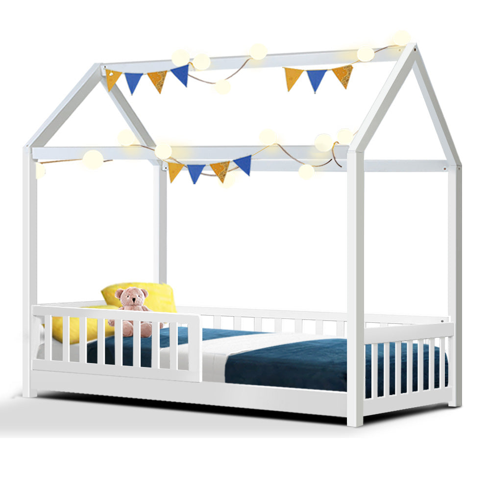 Artiss Bed Frame Wooden Kids House Frame White ROCK 7